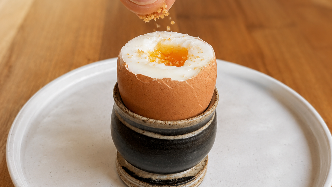 A hand adding a small finishing pinch of Moshio to a soft-boiled egg in an egg cup.